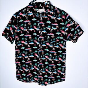 Oliver & Burke Black Tropical Print Short Sleeve Button Up Shirt